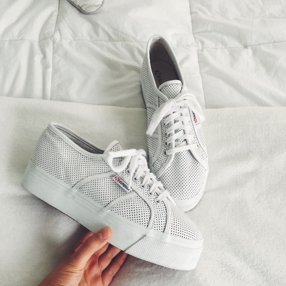 Superga Shoes - White Leather platform supergas!